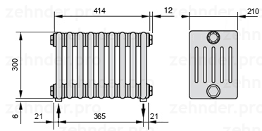 Схема (чертеж) Радиатор Zehnder Charleston 6030/9 №5310 Белый глянцевый RAL 9016